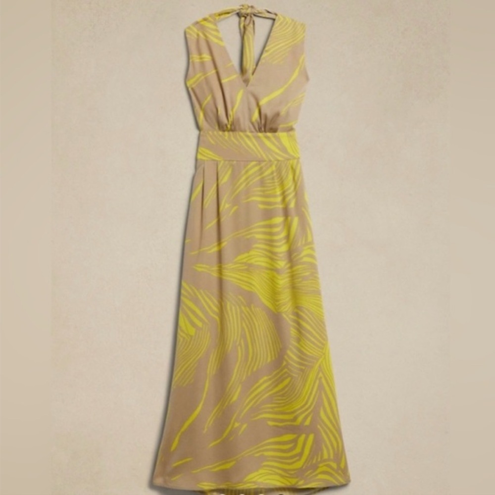 Banana Republic Factory Halter Satin Maxi Dress Khaki Tan Yellow Lime Size 8 P1